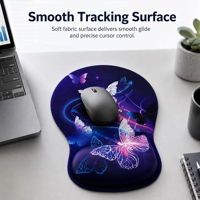 Mouse Pad with Wrist Rest Ergonomic Memory Foam Support, Non-Slip Rubber Base, Comfortable Typing Cushion for Home Office Computer Laptop, Butterfly