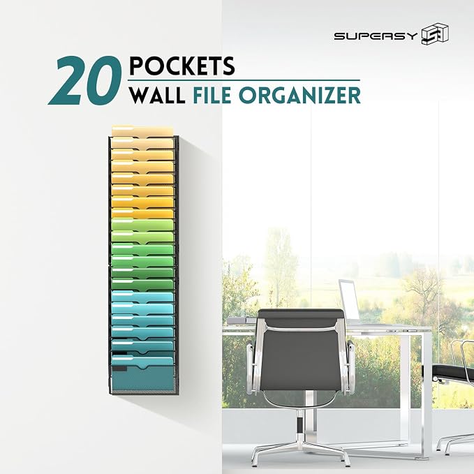 20 Tier Wall File Organizer, Hanging Wall Mounted Mail Organizer with Label Slots, Metal Mesh File Holder Magazine Rack for Office, Home, School or Classroom, Black