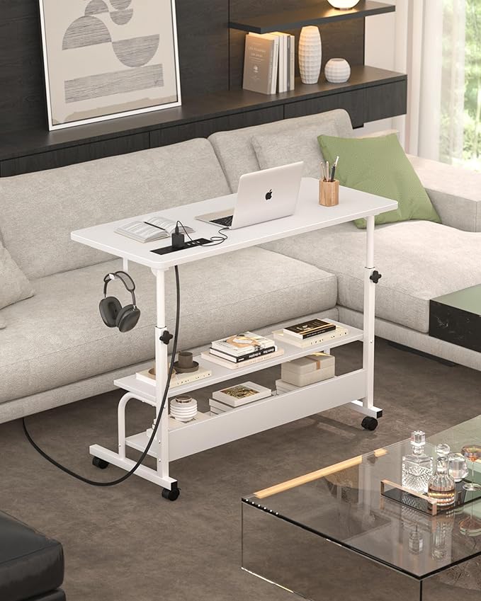 Armocity Height Adjustable Standing Desk with Power Outlets, 32" Manual Stand Up Desk with Storage Shelves Small Mobile Rolling Computer Desks Portable Laptop Table with Wheels for Home Office, White