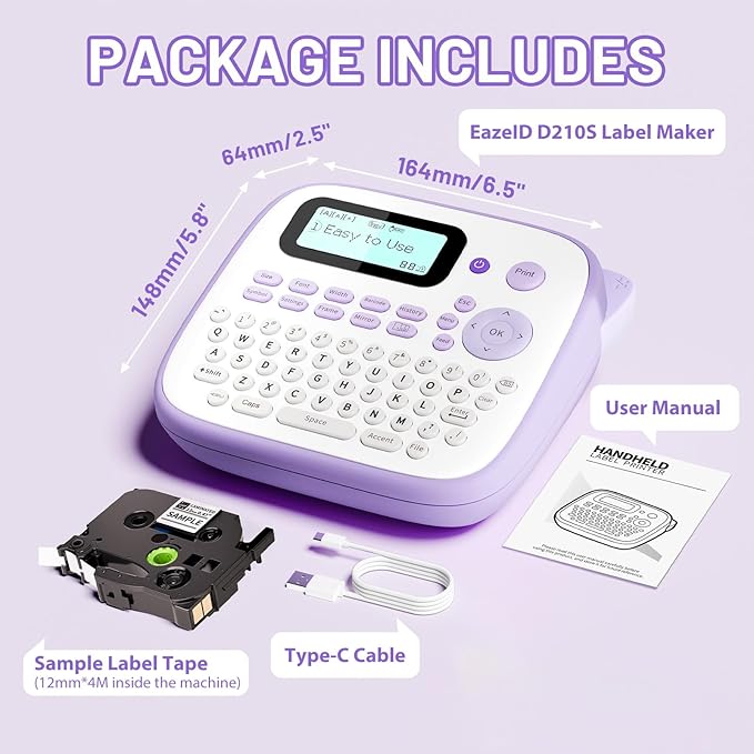 Label Maker Machine with-Tape Waterproof, Purple Portable Label Maker for Teachers Kids Classroom Use, Desktop Labeler with Multiple Symbols &Fonts for Home Office School Use, D210S