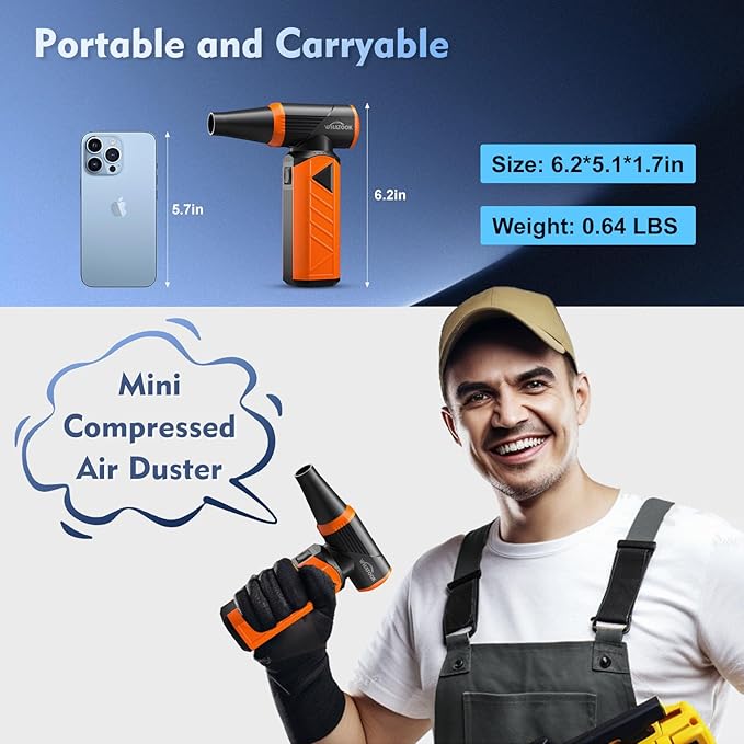 WHATOOK Updated Compressed Air Duster: Air Blower with Stepless Speed Regulation Mode, 180000RPM Electric Air Duster with Brushless Motor, Air Duster for Keyboard, PC, Car and Home Cleaning(Orange)