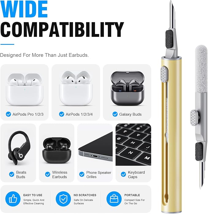 Hyashee Cleaner Kit for Airpods Pro 1 2 3 Multi-Function Cleaning Pen with Soft Brush Flocking Sponge for Bluetooth Earphones Case Cleaning Tools (Yellow)
