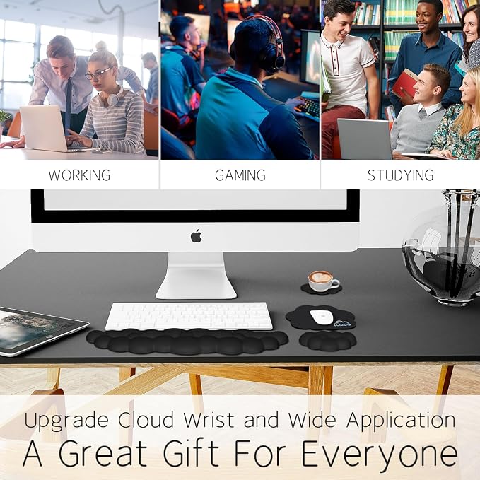 4 in 1 Ergonomic Leather Cloud Wrist Rest Keyboard and Mouse Pad & Coaster | Full 4-Piece Set, Non-Slip PU Base, Soft Memory Foam Comfort For Long Work/Gaming Hours, Cute Desk Decor, Easy To Clean