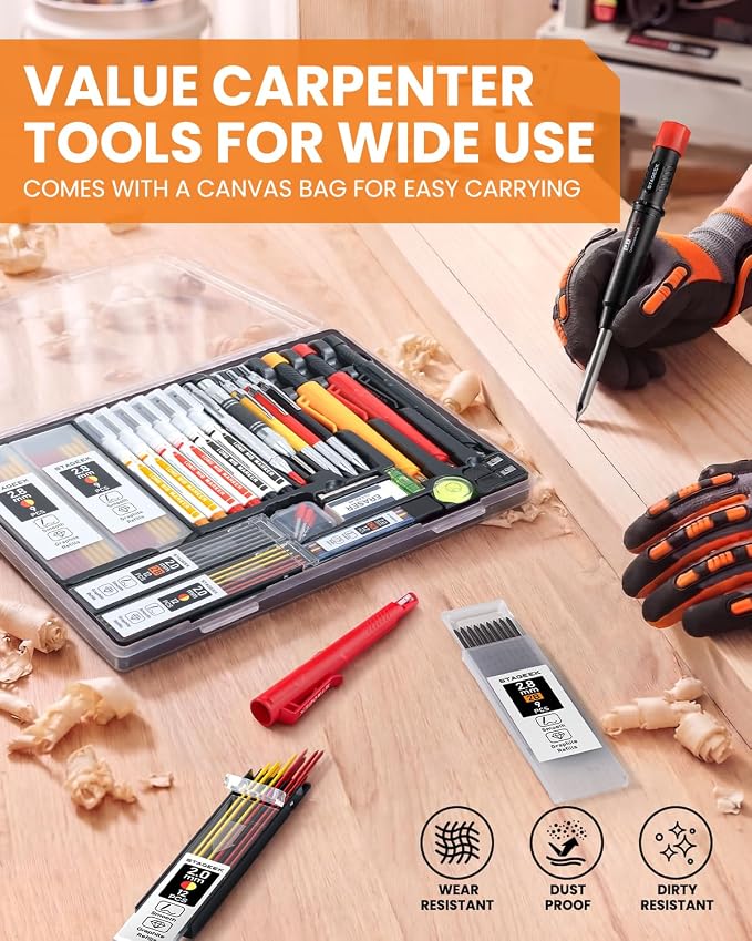 STAGEEK 36 Pack Carpenter Pencils Set With 102 Refills | Construction Pencil, Deep Hole Long-Nib Marker Pens, Automatic Center Punch and Carbide Scribe Tool for Woodworking with Case