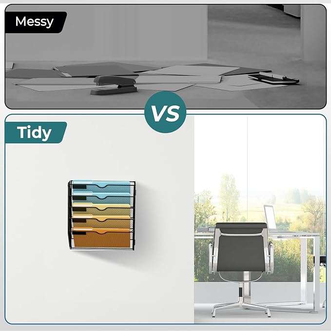 5 Tier Wall File Organizer, Hanging Wall Mounted Mail Organizer with Label Slots, Metal Mesh File Holder Magazine Rack for Office, Home, School or Classroom, Black, 2Pack