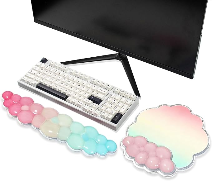 Sumgsn Gel Wrist Rest Set, Ergonomic Clear Cooling Wrist Rest Support Set with Non-Slip Base for Computer/Laptop/Gaming/Home/Office/Typing Pain Relief (Cloud Shape, Light Blue and Pink)