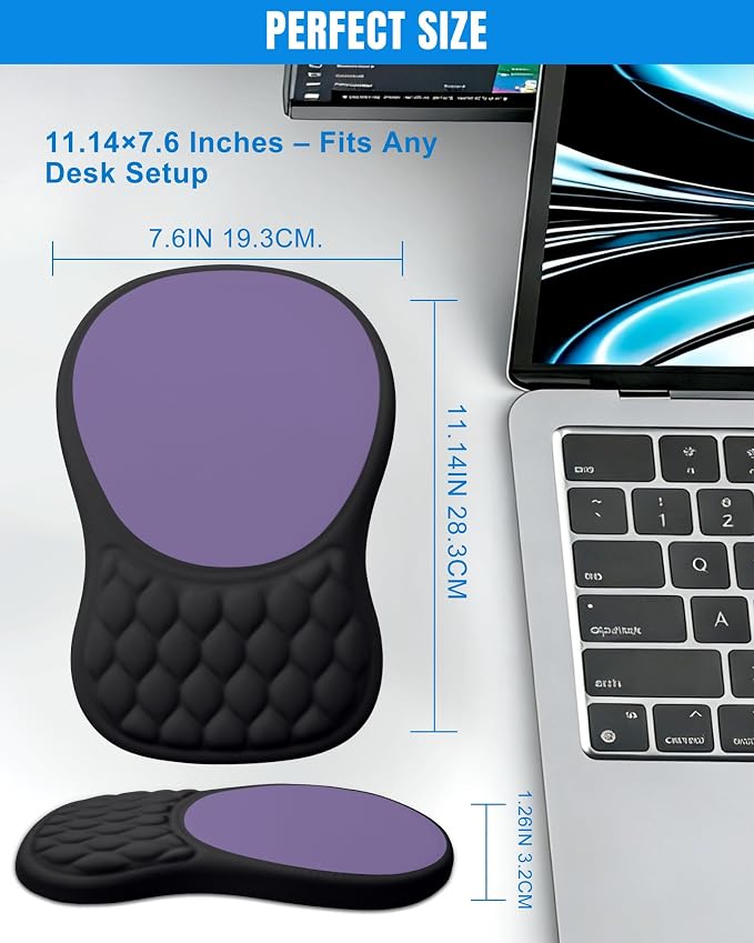Ergonomic Mouse Pad with Sloped Memory Foam Wrist Rest, Black&Purple | 3D Textured Wrist Cushion, Smooth Lycra Surface, Non-Slip PU Base, Comfortable Support for Office/Home Computer Desks