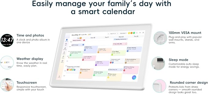 15.6 Inch Digital Family Calendar Organizer, Wall-Mountable and Tabletop Design, Smart Schedule Planner with Photo Frame Function, Grey