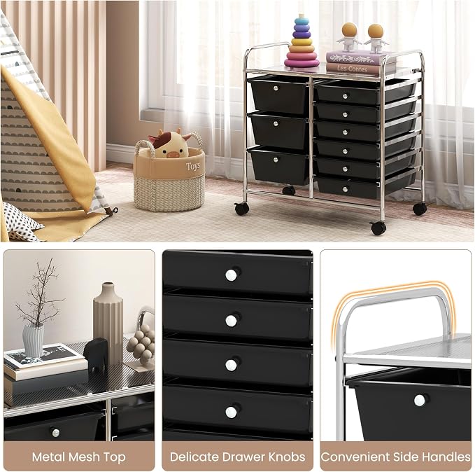 COSTWAY Rolling Storage Cart with 9 Drawer, Utility Cart with Metal Frame | Mobile Art Supply Craft Organizer, Multipurpose Storage Organizer for Paper, Office, School Teacher, Classroom, Black