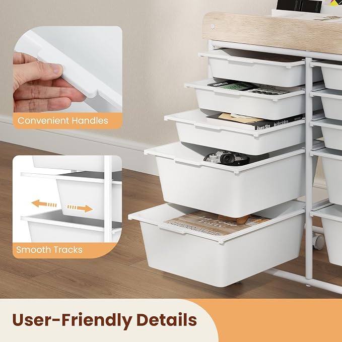 Giantex Rolling Storage Cart with 10 Drawers, Utility Cart w/Wooden Tabletop, Handle, Lockable Wheels, Multipurpose Organizer for Art Craft Scrapbooks Paper, Drawer Carts for Dorm School Office, White