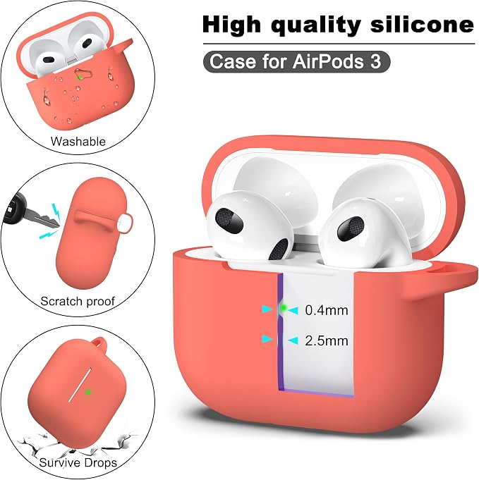 Compatible with AirPods 3 Case Cover, Silicone Protective Accessories Skin with Keychain Compatible with Apple AirPod 3rd Generation 2021 for Women Men Girls Boys,Front LED Visible,Peach Pink