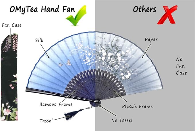 OMyTea® "Grassflowers 8.27"(21cm) Hand Held Folding Fans - With a Fabric Sleeve for Protection for Gifts - Chinese/Japanese Vintage Retro Style (Blue)