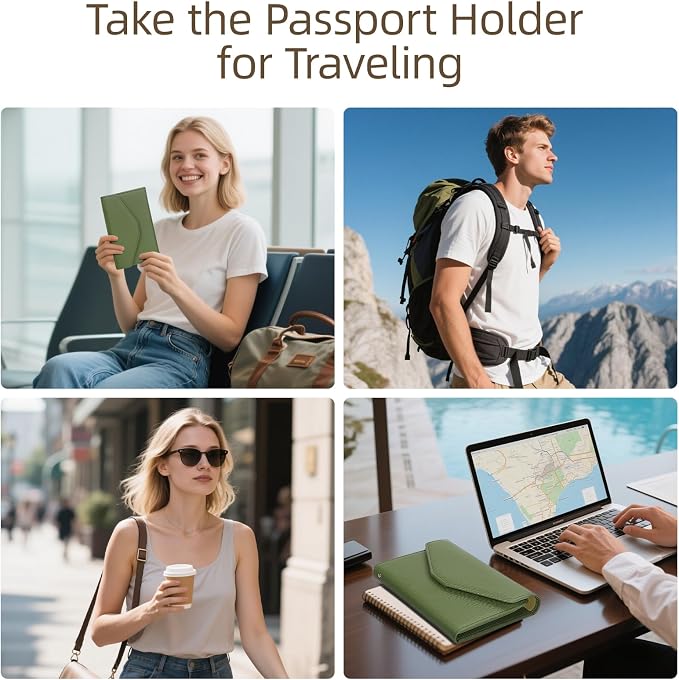 Passport Holder Travel Wallet Organizer for Women,Army Green | RFID secure, 6 card slots, 14 sim pockets, passport holder with zip-around wallet, slim fit for women travelers.