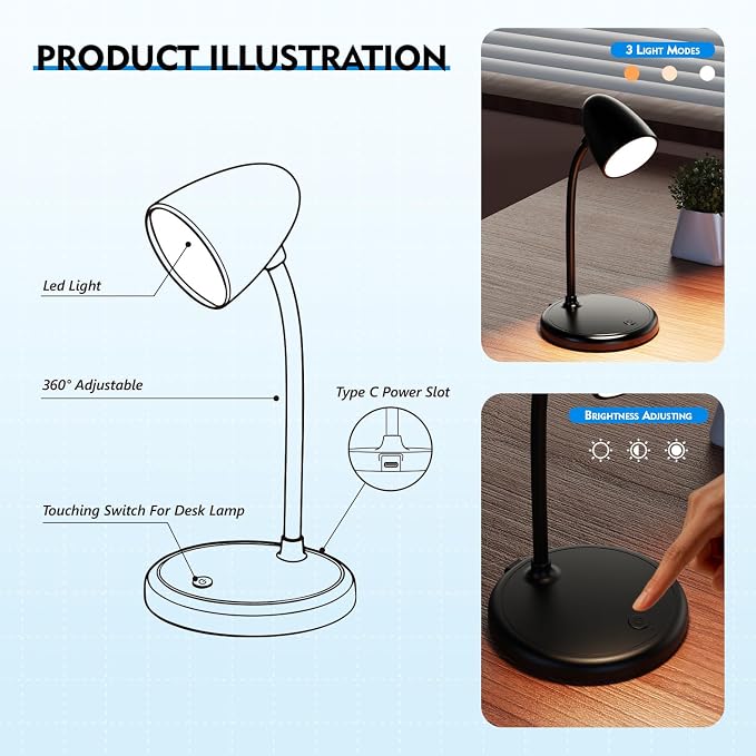 New LED Desk Lamp for Home Office,3 Colors Dimmable Table Lamp | Dimmable Reading Light Compact design fits well on desks and bedside tables,for College Dorm Room,Bedroom Desk Light