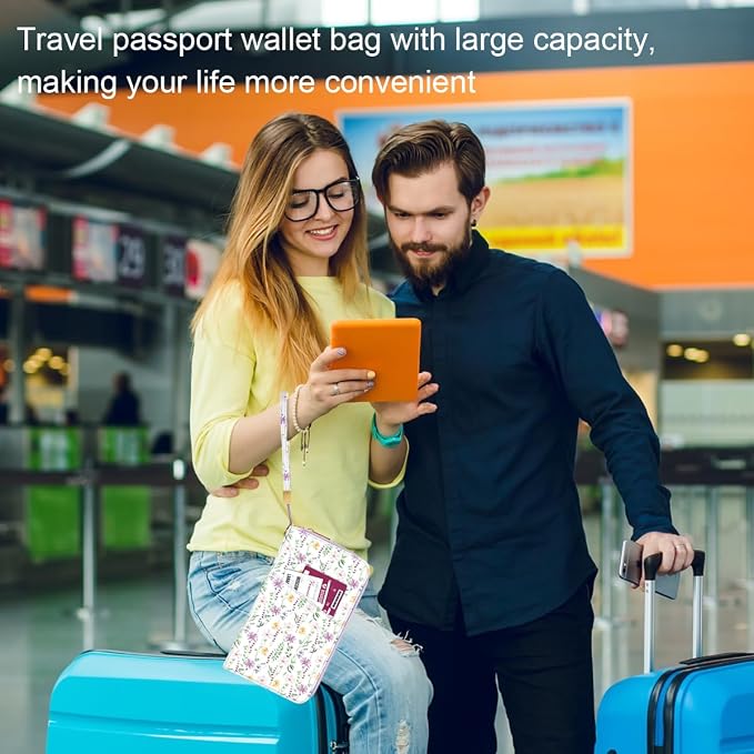 Family Passport Holder Wallet RFID Blocking Document Organizer | PU Leather Mulit-purpose Travel Wallet Credit Cards Case for Women Men, Daisy
