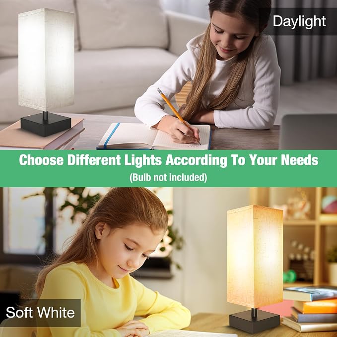 DEGNJU Small Bedside Lamp, Mini Minimalist Table Lamp with Square Flaxen Fabric Shade, 11 Inch Desk Reading Lamp for Bedroom, Living Room, Office, 2 Pack