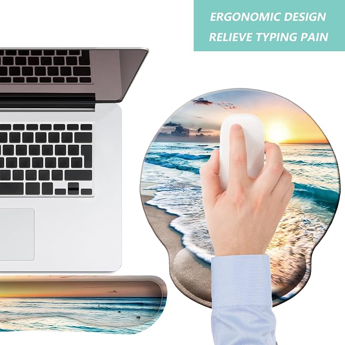 Keyboard Wrist Rest Pad Mouse Pad with Wrist Support Set of 3, Mousepad with Non-Slip Rubber Base, Ergonomic Memory Foam Mouse Wrist Cushion Support for Home Office Laptop Computer Gaming, Beach