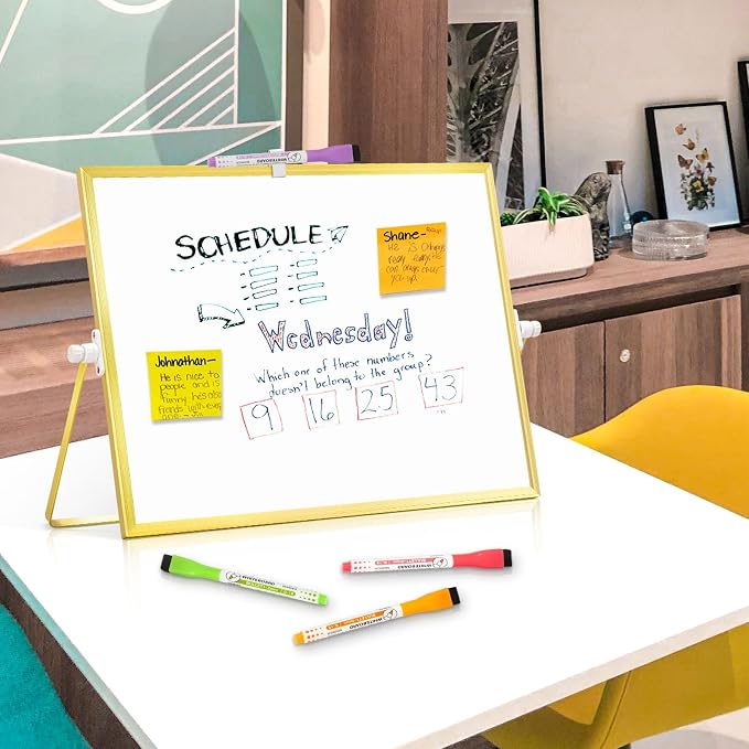 Double-Sided Magnetic White Board with Stand, 16" x 12" (Gold) | Dry Erase Board with Stand, Desktop Whiteboard Easel , Portable Small White board dry erase for Drawing, Office, Home