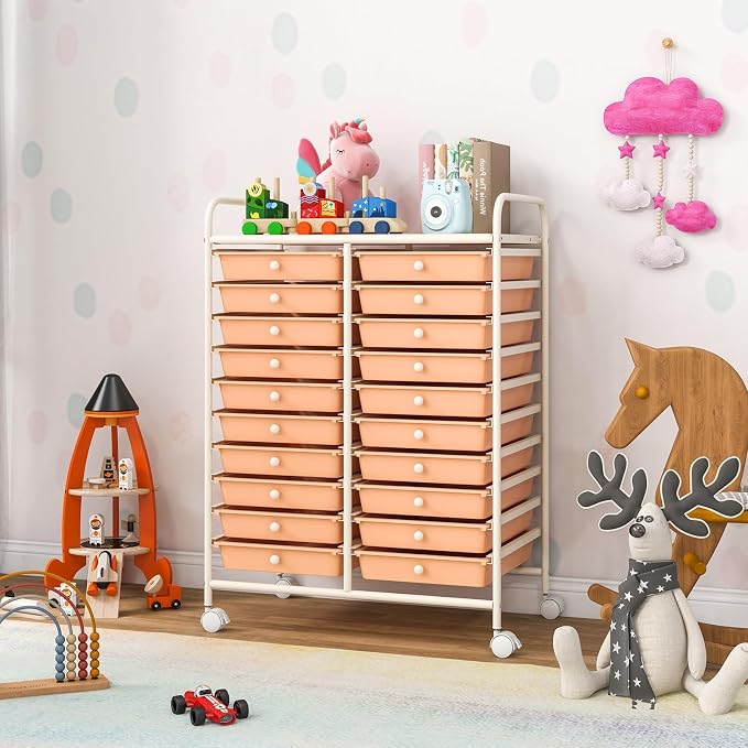 RELAX4LIFE 20-Drawer Rolling Storage Cart - Mobile Rolling Cart w/Drawers for School Classroom Teacher Office Home Salon, Paper File Art Supply Craft Organizer, Utility Cart on Wheels (Pink)