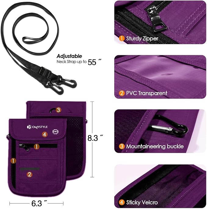 OMYSTYLE Neck Wallet, RFID Passport Holder for Travel, Adjustable Neck Strap, Waterproof Neck Pouch for Men & Women to Keep Cash, Credit Cards and Documents Safe, Purple (8x6)