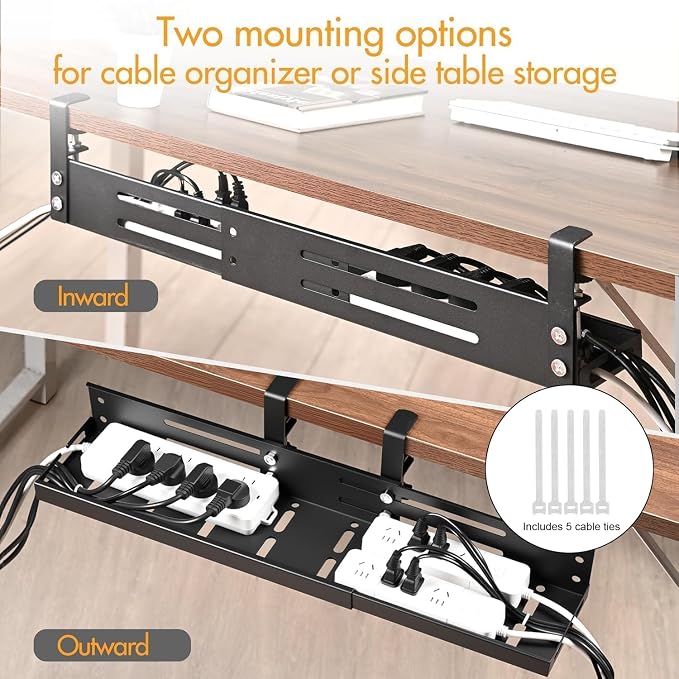 No Drill Under Desk Cable Management Tray, 17”-30” Retractable Cord Organizer for Table, Clamp Mount Wire Basket, Power Strip Holder & Metal Cord Organizer for Office, Home,Black