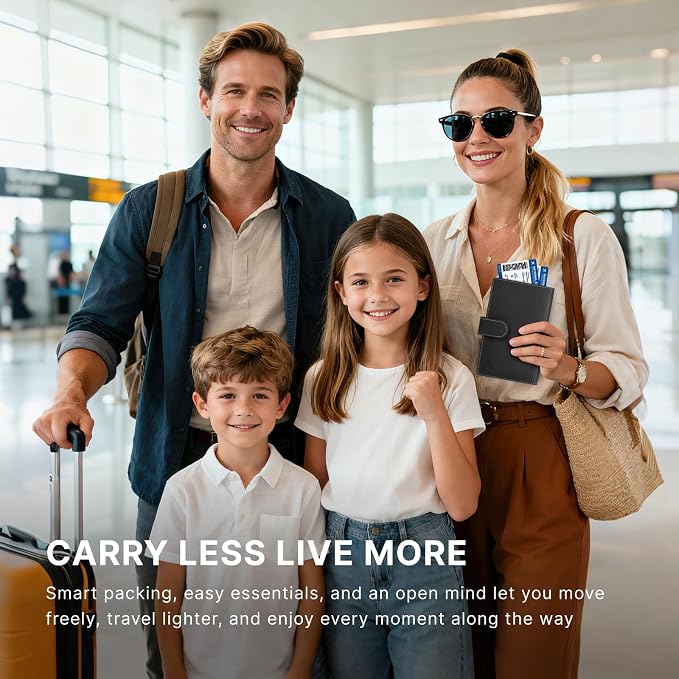 ALLIVE Passport Holder for Travel Family, Genuine Leather Passport Wallet with AirTag Slot, RFID Blocking Travel Document Organizer for Women & Men, Airport Essentials, Family Travel Gift (Black)