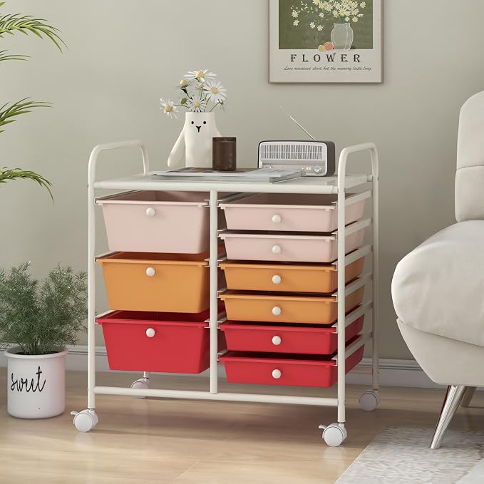 9 Drawer Rolling Storage Cart, Rolling Cart with Drawers for Classroom, Art Supply Craft Organizer on Wheel with Metal Frame & Handles for Home Office School