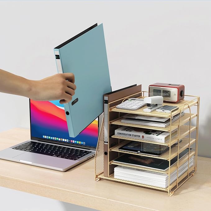 gianotter 6-Tier Paper Organizer With Magazine Holder | Desk Organizers and Accessories, File Organizer for Office Supplies Storag (Gold, 6-Tier)