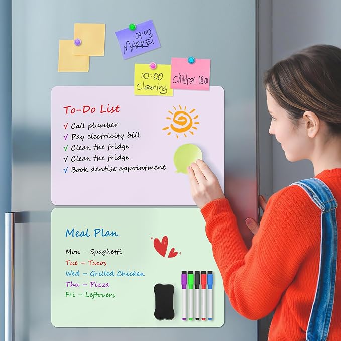 MaxGear Magnetic Whiteboard for Fridge 12x8 Multicolor 5 Pack | Strong Magnet, Dry Erase, Reusable, Easy Clean, Stain Resistant, Meal Planner, Grocery List, Family Notes, Kitchen Organizer