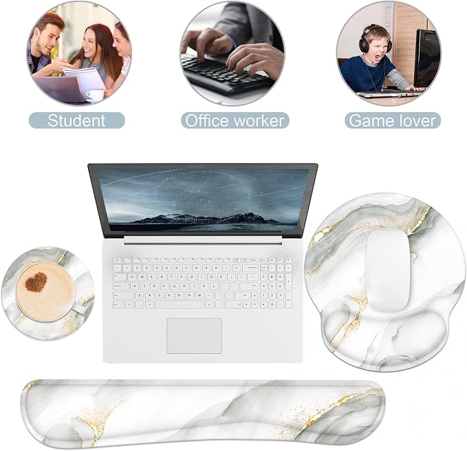 Ergonomic Mouse Pad with Wrist Rest and Keyboard Wrist Rest, Mousepad | Memory Foam Wrist Rest for Computer Keyboard, Pain Relief, Non-Slip Base, Mouse Pad Wrist Support for Gaming, White Marble