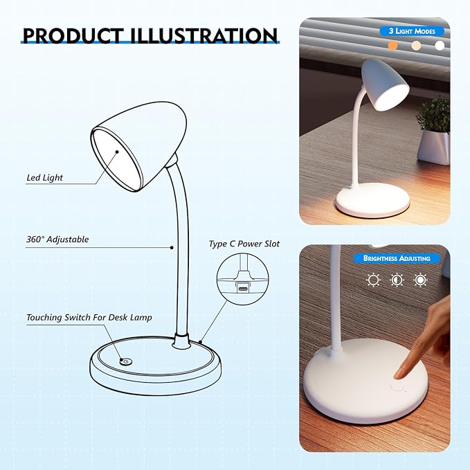 New LED Desk Lamp for Home Office,3 Colors Dimmable Table Lamp | Dimmable Reading Light Compact design fits well on desks and bedside tables,for College Dorm Room,Bedroom Desk Light
