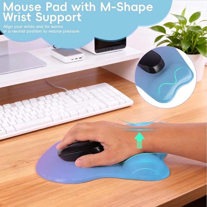 Mouse Pad with Wrist Rest Ergonomic Mouse Pad with Comfortable M-Shape Pain Relief Wrist Support Non-Slip PU Base Mousepad for Laptop, Office & Home (Blue Violet)