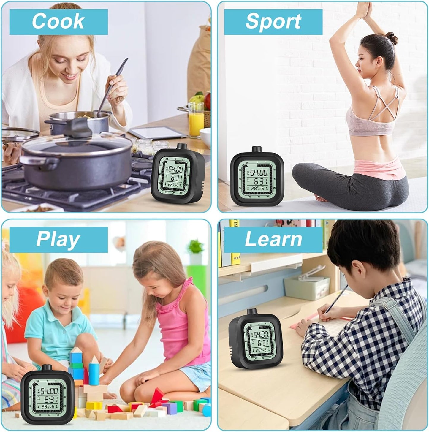 Visual Timer for Kids with Alarm Clock Countdown Count-up 1-60 Minutes Kitchen Timer Student Bathroom Shower Clock Training Timer with Digital Thermometer Hygrometer Black