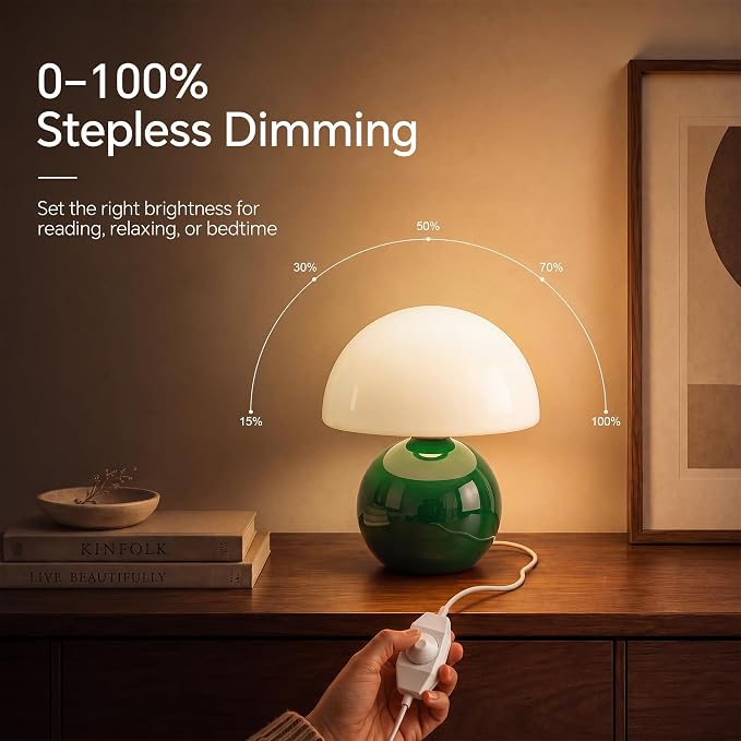 Mushroom Lamp Table Lamp for Bedroom-Small Table Lamps,Dark Green | 8.7" Mid Century Modern Table Lamps for Living Room Bedroom Decor,Cute Ceramic Lamps for Mushroom Home Room Decor,Glass Shade