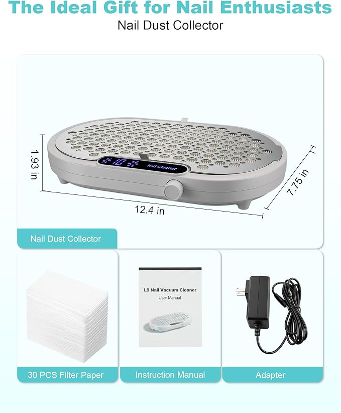 Nail Dust Collector for Nail Tech, 4000RPM Brushless Nail Fan with Dual Turbo, 360° Suction Manicure Dust Vacuum Extractor for Acrylic Dip Gel Polish, Low Noise, 30 Filters—White