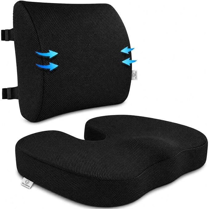 2-in-1 Memory Foam Seat Cushion & Lumbar Support Set | Ergonomic Office Chair Cushion for Tailbone, Sciatica & Help Back Pain Relief | Non-Slip Coccyx Pad, Washable Cover, Adjustable Strap