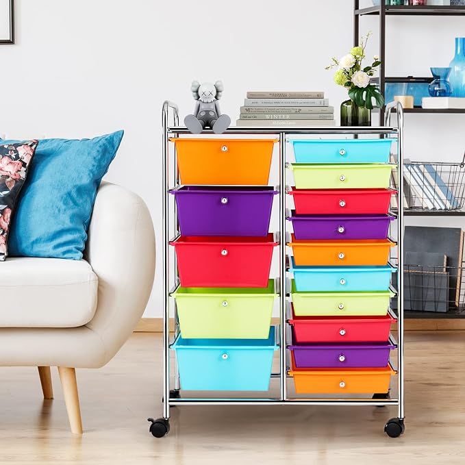 GLACER 15 Drawers Rolling Storage Cart, Steel Frame Craft Organizer Cart | Utility Cart w/Lockable Wheels & Handle, Mobile Art & Tool Supply Trolley for Teacher, Home, School, Office (Multicolor)