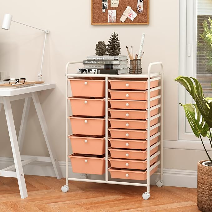 15 Drawer Rolling Storage Cart, Rolling Cart with Drawers for Classroom, Art Supply Craft Organizer on Wheel with Metal Frame & Handles for Home Office School