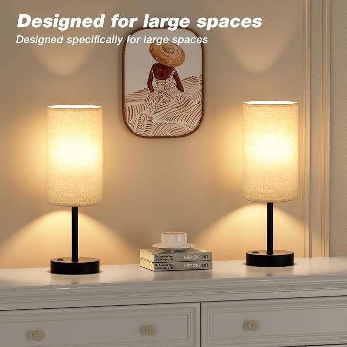 Touch Table Lamp - Beige, 3-Way Dimmable, USB A + C Charging, AC Outlet, 17.4inch Medium, Black Metal Base