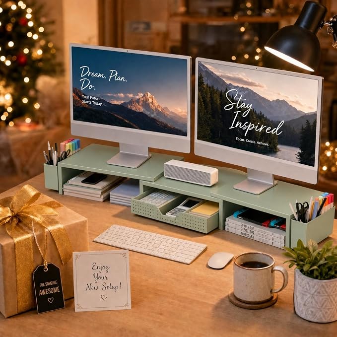 Desk Organizers and Accessories, Dual Monitor Stand Riser with Drawer and 2 Pen Holders, Desk Shelf Computer Monitor Stand for Office Workspace Organizers, Desktop Organization (Sage Green)
