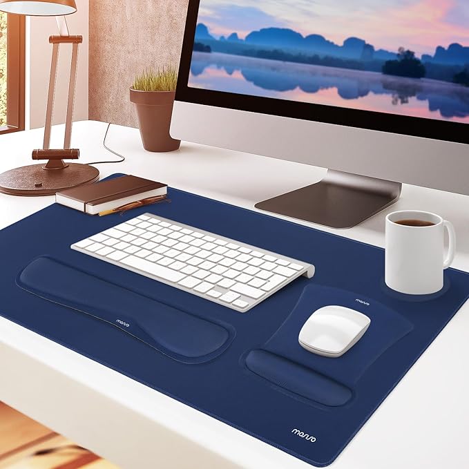 MOSISO Keyboard Mouse Pad Set, Large Gaming Mousepad&Keyboard Wrist Rest&Mouse Wrist Rest&Coaster, Ergonomic Non-Slip Mousepad&Easy Typing Cushion with Memory Foam for Home Office, Navy Blue