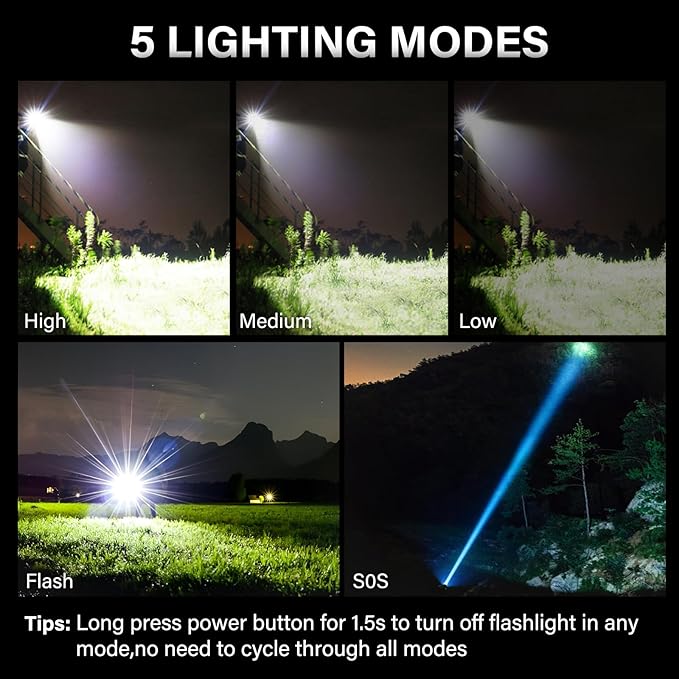 AKNEAR Rechargeable LED Flashlight High Lumens, Super Bright Flashlights with Zoomable & USB C Rechargeable & 5 Light Mode & Waterproof, Powerful Flash Light for Home, Hiking (Digital Display, 3 Pack)