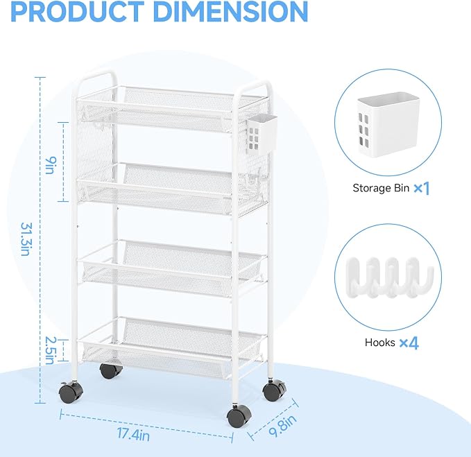 KINGRACK 4 Tier Rolling Cart, Metal Utility Storage Cart with Pegboard | Screwless Assembly, Lockable Wheels, 4 Hooks & 1 Bin, Mobile Organizer for Bathroom Kitchen Office Craft Room Laundry, White