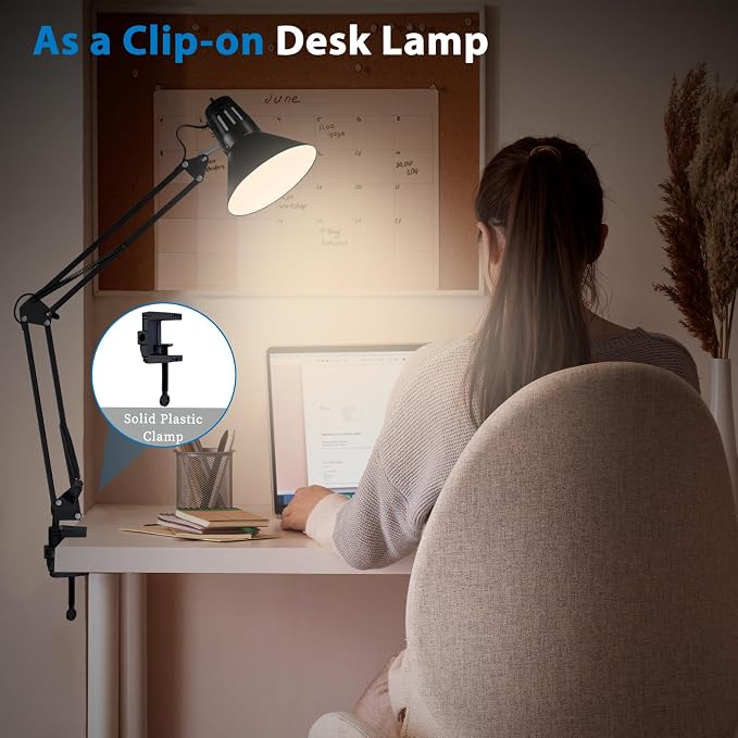 Swing Arm Desk Lamp for Home Office 360°Adjustable | Tall Metal Clamp on lamp with Bulb,Eye-Caring Clip on Desk Light for Computer Work Study Reading and Drafting