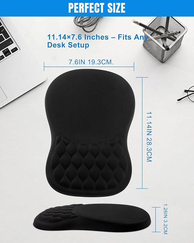 Ergonomic Mouse Pad with Sloped Memory Foam Wrist Rest (Black) | 3D Textured Wrist Cushion, Smooth Lycra Surface, Non-Slip PU Base, Comfortable Support for Office/Home Computer Desks