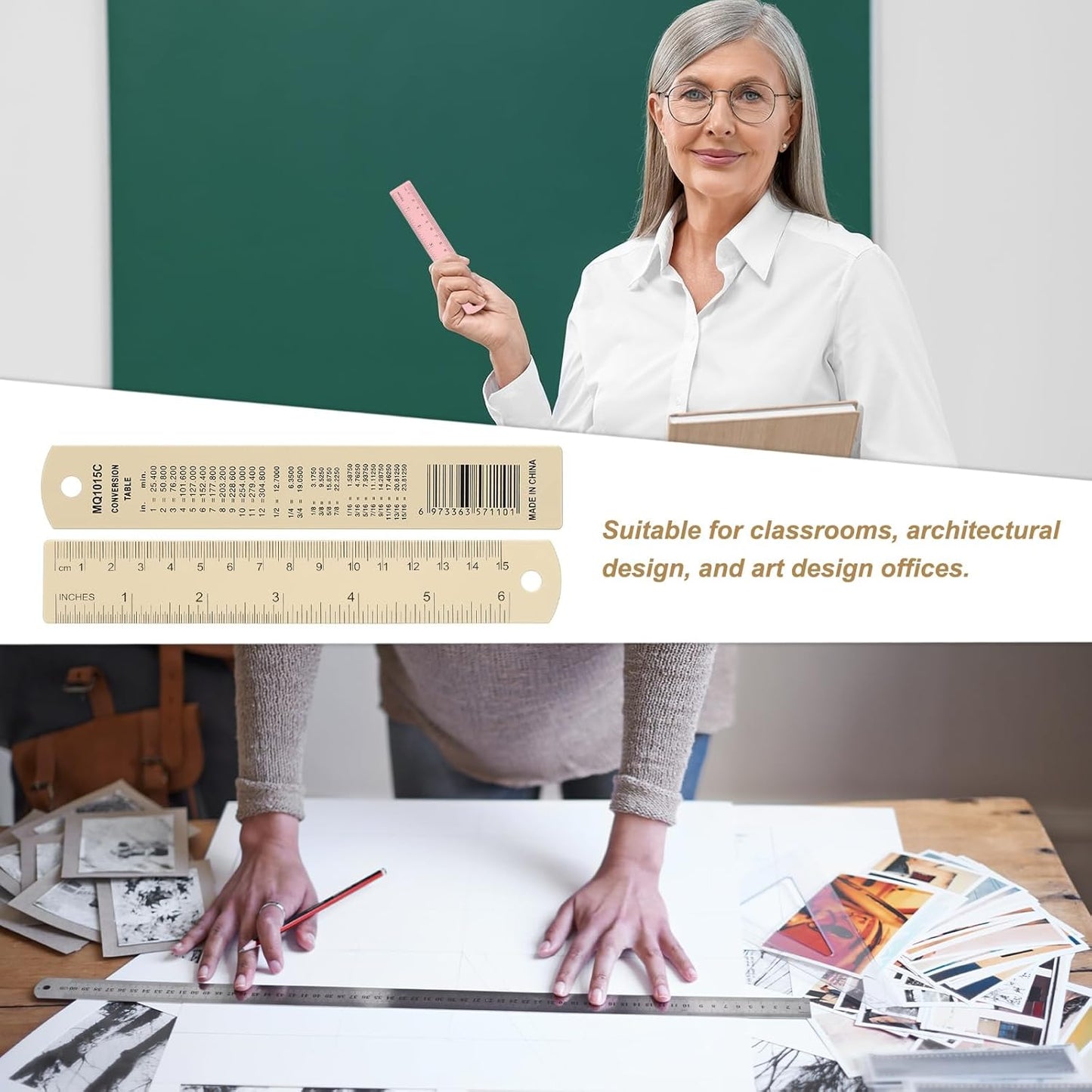 HARFINGTON 6pcs Metal Straight Ruler 15cm Metric SAE Aluminum Alloy Measuring Rulers Scale Tool with Hole for Measure Study Reading Classroom Office, Beige