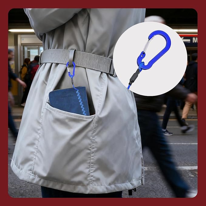 Passport Holder with Tether and Carabiner Clip to Prevent Loss and Theft, Rfid Passport Holder for Travel, Passport Cover, Wallet & Case for Men and Women (Blue - Tether and Carabiner)