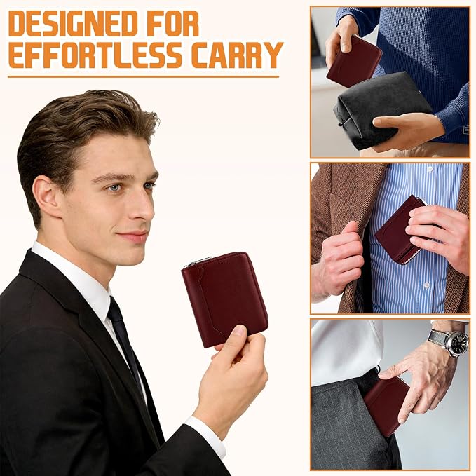 HUANLANG Mens Wallet RFID Blocking Multi Card Holder Wallets for Men Bifold Wallet with Zipper Small Men's Leather Wallet
