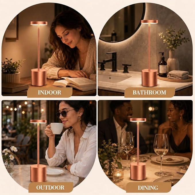 AUDLES Cordless Table Lamp, 5000mAh Rechargeable Lamp with Touch Control & Stepless Dimming, 3 Light Modes, IP54 Waterproof Portable Light for Dining Table, Patio, Bathroom, Power Outage (Rose Gold)