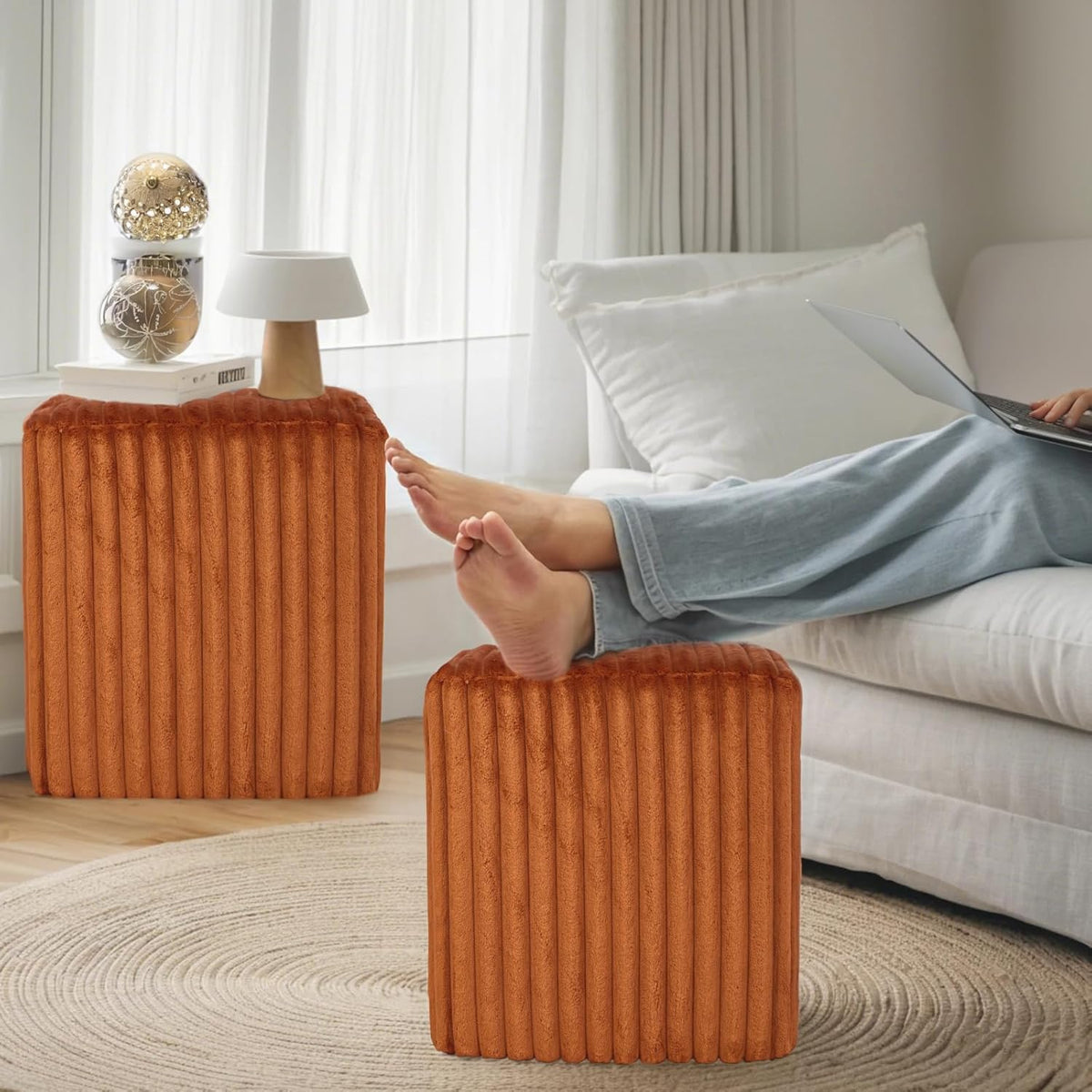 Modern Square Ottoman, Vertical Channel Tufted Foot Stool Ottoman, Velvet Upholstered Vanity Stool for Makeup, Bedroom, Living Room, Dark Orange